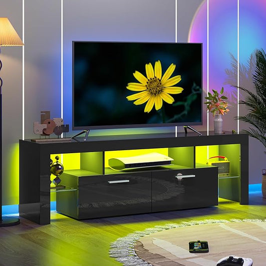 63 inch Modern High Gloss LED TV Stand with Storage for 40 50 55 60 65 70 inch TV, Gaming Entertainment Center, TV Cabinet with Glass Shelves for Living Room, Bedroom, Black