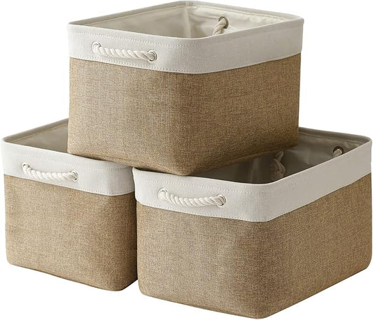 TheWarmHome Organization and Storage Basket for Gifts Empty - 16x12x12 inch Cube Storage bin 3 Pack Fabric Storage Cubes, Collapsible Baskets for Organizer Closet Cloth Gift Toy (White &amp; Khaki)