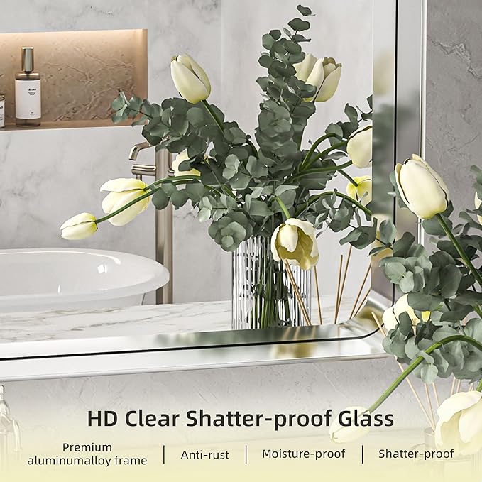 Hasipu Brushed Silver Bathroom Mirror 63x35 Inch Rounded Rectangle Vanity Mirror Metal Framed Wall Mirrors Anti-Rust Surface Mount (Horizontal/Vertical)