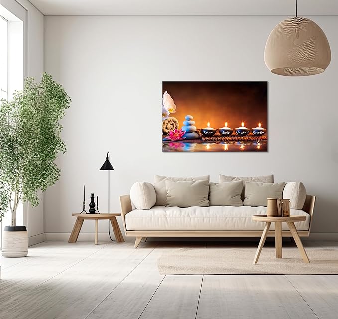 Zen Wall Art Lotus Flower Decor Breathe Canvas Picture Candles Relaxing Peaceful Poster Prints for Zen Spa Room Living Room Bedroom(28.00" x 44.00")