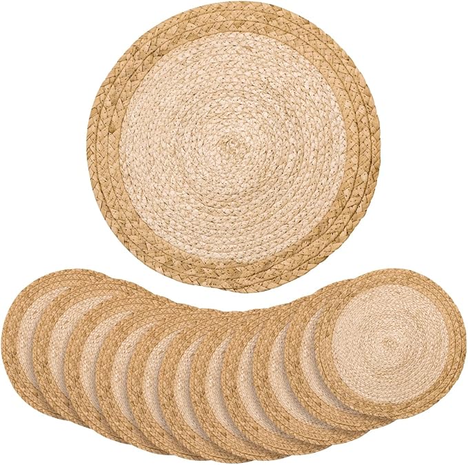 13 in Round Woven Placemats Plate Chargers Set of 12, Boho Farmhouse Rustic Place Mats for Dining Table Decor, Rattan Wicker Table Mats Braided Chargers for Dinner Plates