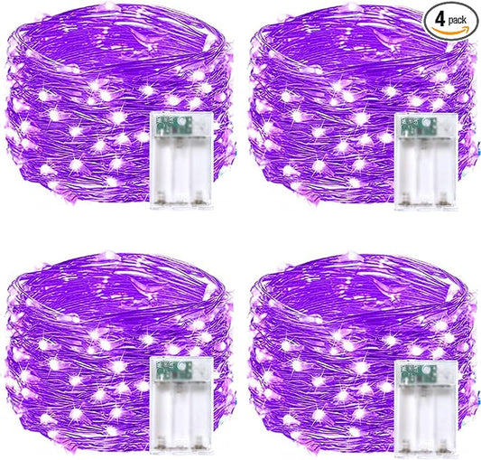 4 Pack 20FT 60LED Halloween Battery Operated Fairy Lights with Timer, Waterproof Battery String Lights Outdoor Indoor, Battery Twinkle Lights for Bedroom Wedding Birthday Party Halloween (Purple)