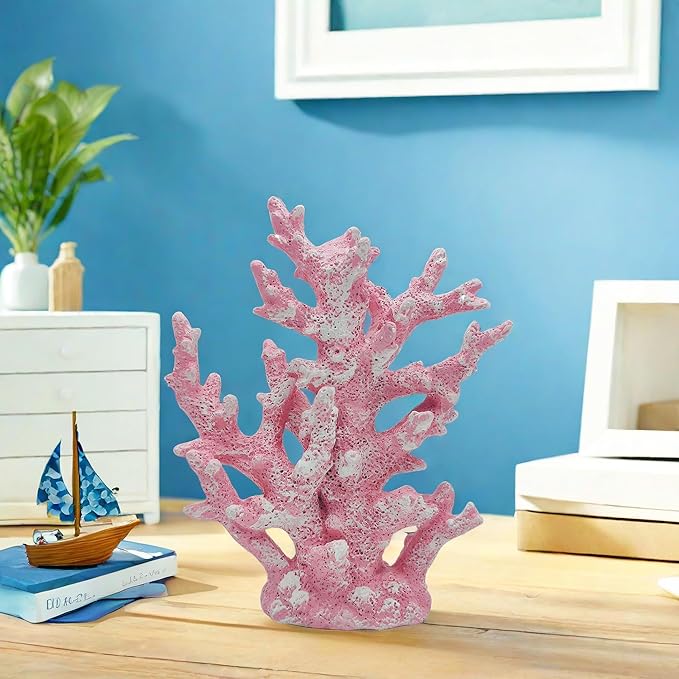 Beach Coastal Decor Coral Reef Home Decor Coral Statue Sculpture Home,Desk,Bathroom,Desktop Shelf Statue,Marine Themed Gifts (Pink Coral)