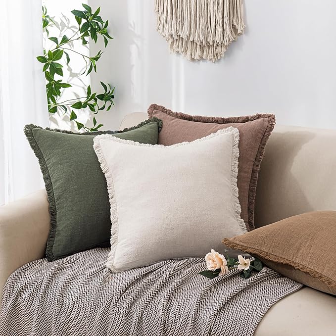 Woaboy Set of 2 Decorative Linen Fringe Throw Pillow Covers Boho Farmhouse Euro Cushion Covers Accent Pillowcases with Tassels for Living Room Couch Sofa Bed Chair,26x26 Inch,Brown