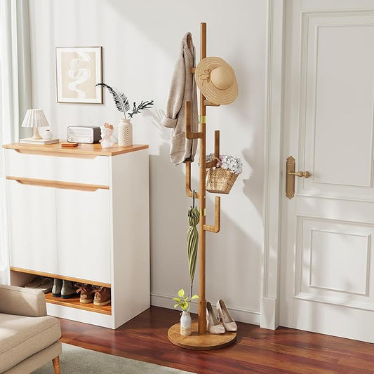 Solid Wooden Coat Rack Freestanding - Creative Design Coat Tree Rack with 6 Hooks, 70" Entryway Standing Coat Rack, Modern Coat Tree for Home, Bedroom, Entryway,Brass Reinforcement,Walnut Color