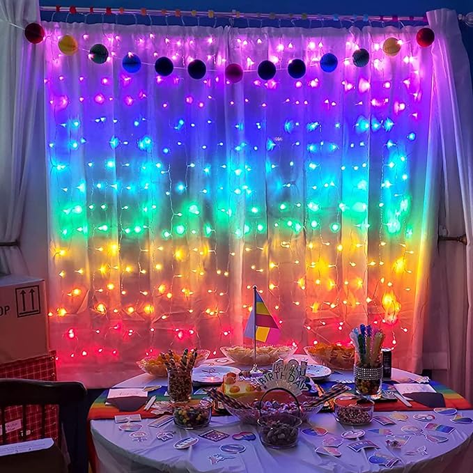 Honche 300Led Cuttable Curtain String Lights 10x10ft with Remote Window Lights for Bedroom Wedding Party Festive Season Propose Marriage (Rainbow 7 Colors)