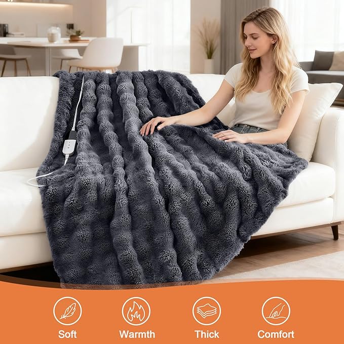 Heated Blanket Electric Throw Blanket 72''X 84''-Heating Blanket with 6 Heat Settings-4/10 Hours Auto Off,Cozy Faux Rabbit Fur Bubble Electric Blanket,Dark Gray
