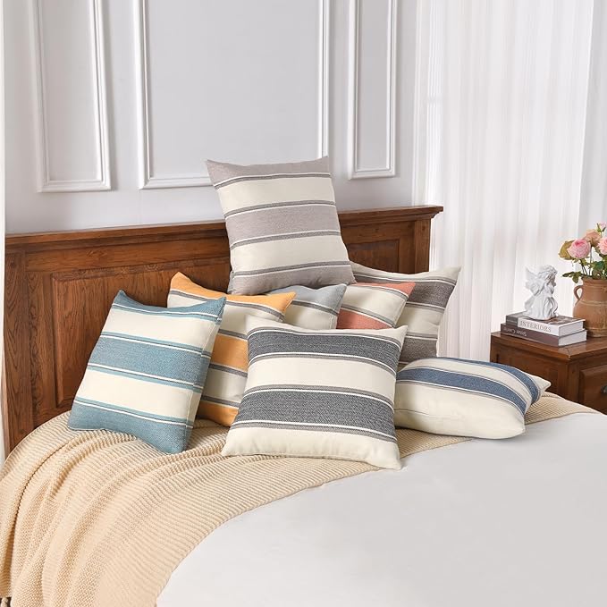 AmHoo Pack of 2 Farmhouse Linen Throw Pillow Cover Cushion Stripe Decoration Buffalo Retro Pillowcase with Hidden Zipper for Sofa Bedroom Car 16 x 16 Inch Burnt Orange