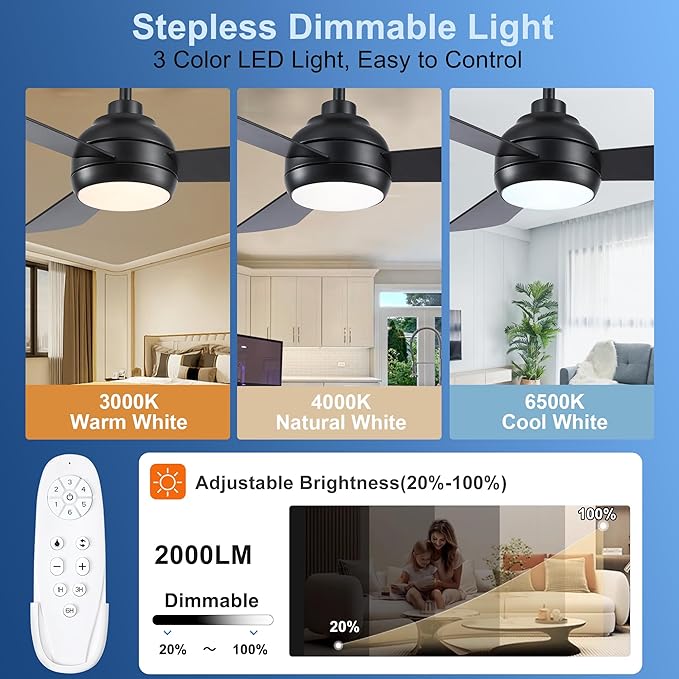 42 Inch Ceiling Fans with Lights, Black Ceiling Fan with Light and Remote Control, Reversible, 6 Speeds, 3CCT, Dimmable, Modern LED Ceiling Fan for Bedroom, Indoor/Outdoor