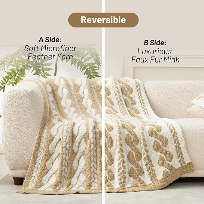 Amélie Home Cable Knit Throw Blanket for Couch, Bicolour Super Soft Cozy Fuzzy Plush Throws for Sofa, 50" x 60", Cable Beige &amp; White