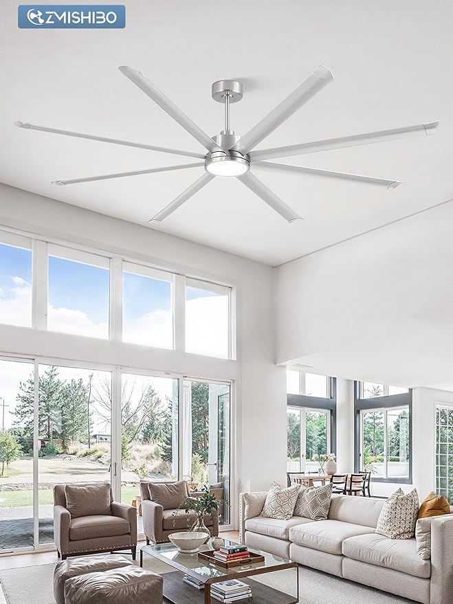 ZMISHIBO 96 Inch Ceiling Fans with Lights, Large Indoor/Outdoor Industrial Ceiling Fan with 8 Aluminum Reversible Blades, Quiet DC Motor, 3CCT&6-Speed Remote Control, Damp Rated for Gazebo/Living Room