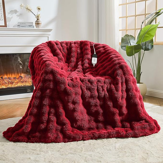 Heated Blanket Electric Throw Blanket 50''X 60''-Heating Blanket with 6 Heat Settings-4/10 Hours Auto Off,Cozy Faux Rabbit Fur Bubble Electric Blanket,Red