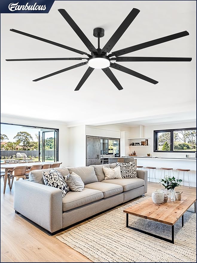 100 Inch Industrial Ceiling Fans with Lights, Large Ceiling Fan with Quiet DC Motor, 10 Reverisble Dual-Color Blades, 3CCT,6 Speeds,Black Commercial Indoor/Outdoor Ceiling Fans for Patios/Garage/Porch