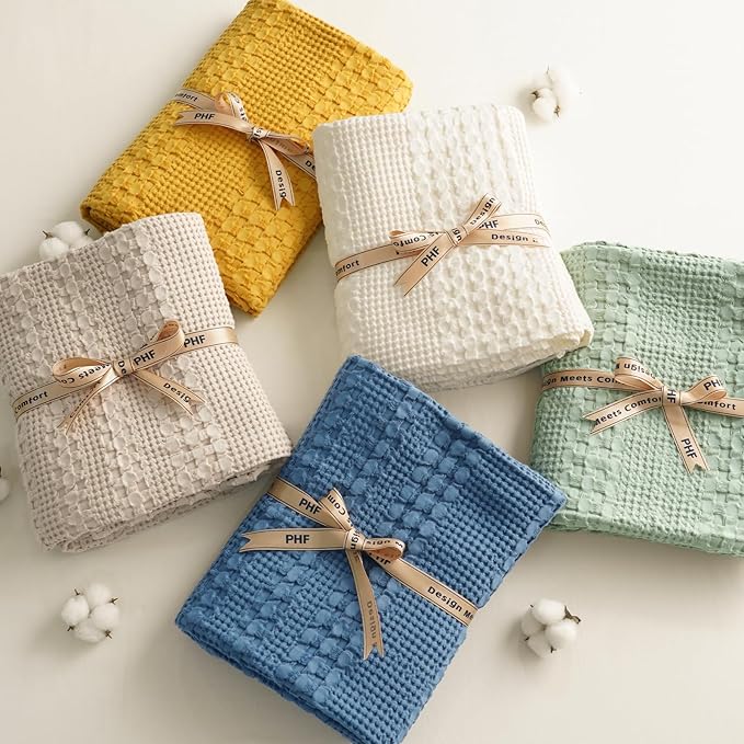 PHF 100% Cotton Waffle Weave Throw Blanket, Soft Lightweight Breathable Cozy Throws for Couch Bed Sofa, Luxury Aesthetic Woven Blanket for Home Decor &amp; Office, 50"x60", Cannoli Cream