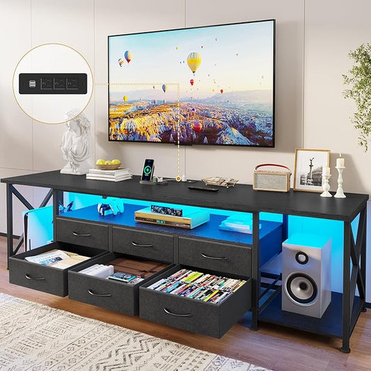 BTHFST TV Stand with LED Lights & Power Outlets, for TVs up to 85 Inches, 6 Fabric Drawers Entertainment Center with Open Storage Shelves, 71" TV Media Console Table for Living Room, Bedroom, Black