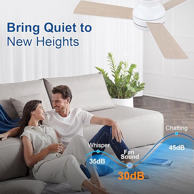 42 Inch Ceiling Fans with Lights and Remote, White Low Profile Ceiling Fan with Light, Flush Mount, Reversible, 6 Speeds, 3CCT Dimmable, Bedroom Indoor/Outdoor Patios Use