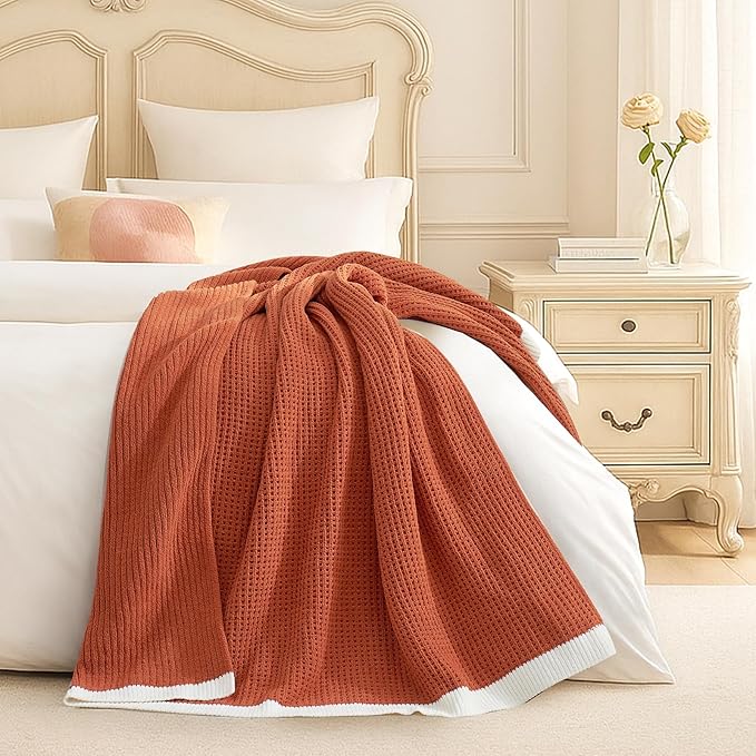 Amélie Home Waffle Throw Blanket for Couch, Soft Cozy Chenille Knit Blanket Warm Decorative Throw for Sofa, 50"x60", Burnt Orange