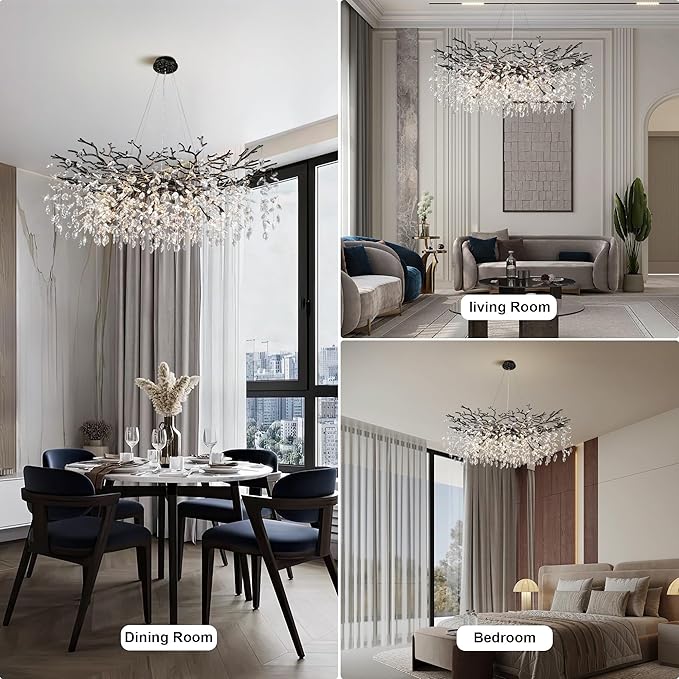 YUYI 47" Black Crystal Chandelier, 18-Light Modern Tree Branch Chandelier for Dining Room, Luxury Round K9 Raindrop Chandeliers Light Fixture for Living Room, Foyer, Entryway, Kitchen, Bedroom