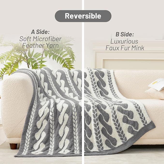 Amélie Home Cable Knit Throw Blanket for Couch, Bicolour Super Soft Cozy Fuzzy Plush Throws for Sofa, 50" x 60", Cable Gray &amp; White