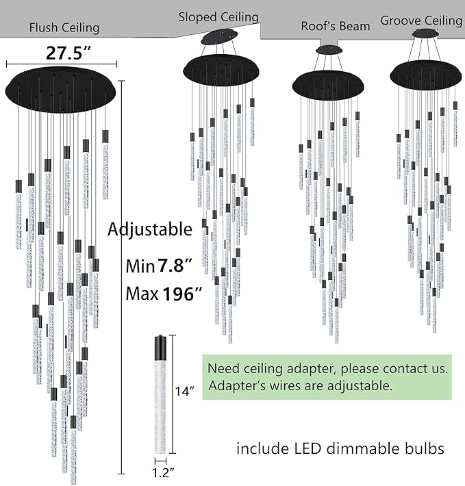 16 Foot Chandeliers for Living Room Entryway High Ceiling Light Fixtures Sloped Flush Mount Ceiling Pendant Lighting Dimmable Chandelier with Remote LED Crystal Pendants Lighting Black Light