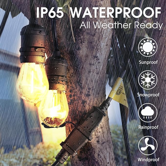 48ft LED Outdoor String Lights with 15+1(Spare) 1W Shatterproof Bulbs, Black Waterproof IP65 Connectable Outdoor Decorative Lights for Garden Patio Cafe Bistro Backyard Porch, ETL Listed