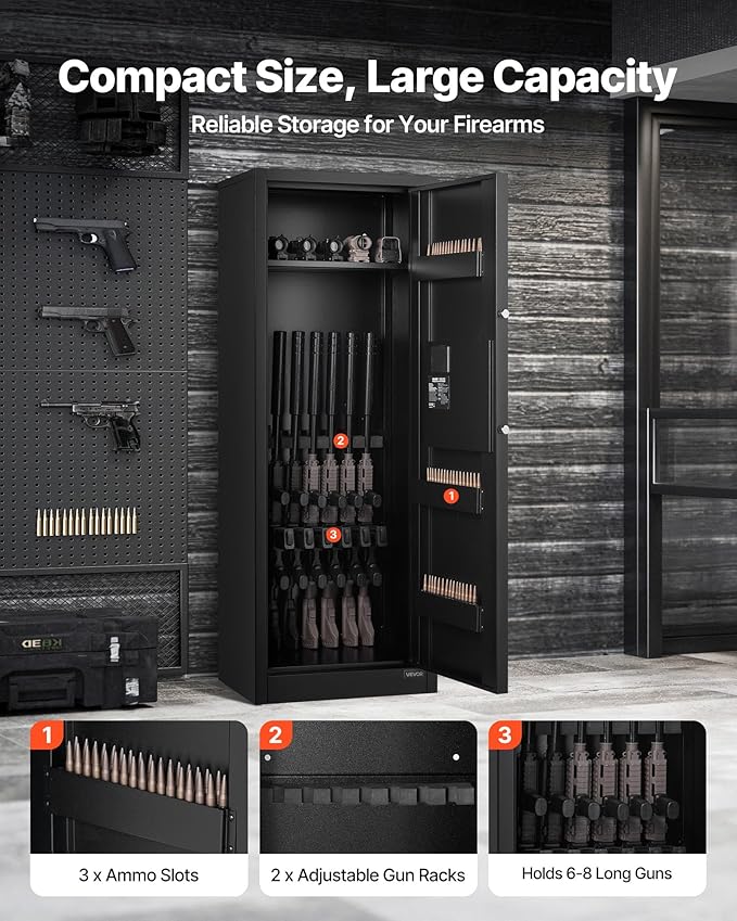VEVOR 6-8 Gun Safe, Long Gun Cabinet for Rifles and Pistols, Quick Access Fireproof Rifle Safe with 3 Ammo Slots and 2 Adjustable Racks, Large Digital Cabinet with Key and Password Lock