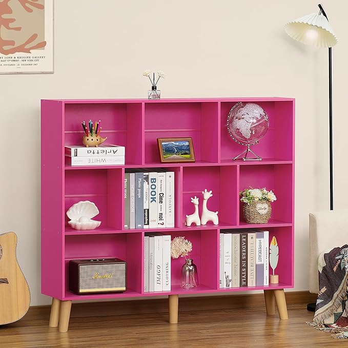 LEYAOYAO 10 Cube Bookshelf,3 Tier Modern Wide Bookcase with Legs,Mid-Century Wood Bookshelfs Storage，Pink Large Book Case,Freestanding Organizer Display Shelf for Bedroom,Living Room,Office