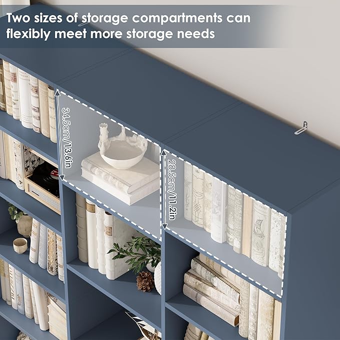 Triple Wide Bookshelf, 6 Tier Large Bookshelf, Bookcase with 17 Open Display Shelves, 74'' Tall Bookcases and Bookshelfs for Living Room, Home Office, Library, Blue