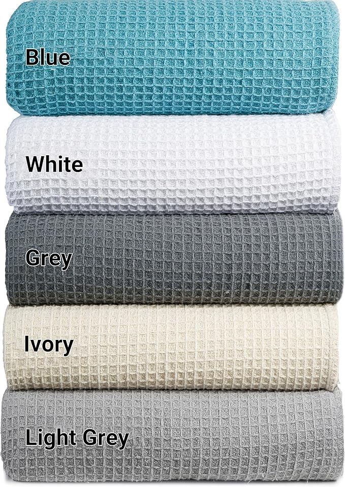 Tex Trend 100% Cotton Blankets King Size – Durable and Versatile Waffle Weave Blankets for Year Round Coziness – Breathable &amp; Lightweight - Blue (90”x108”)