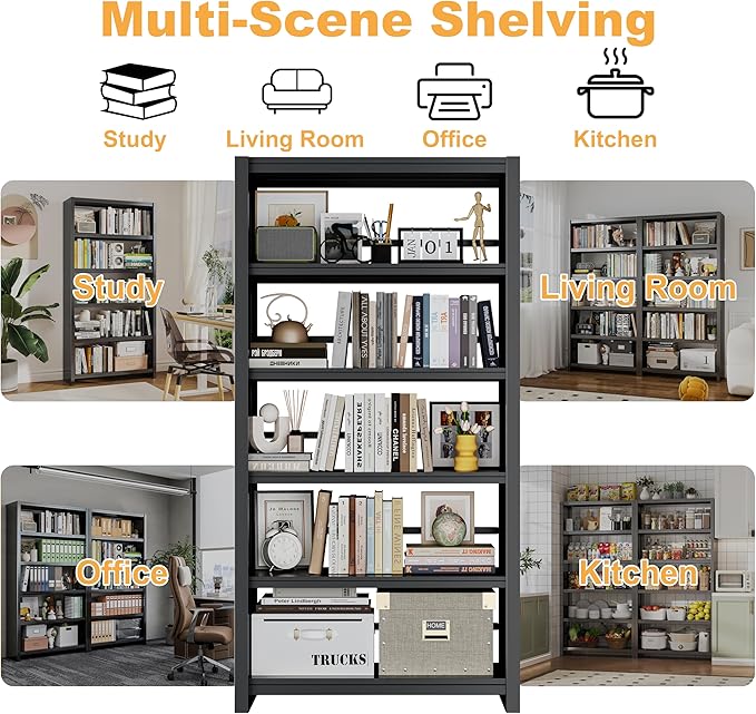 5 Tier Bookshelf, 69" Tall Bookcase, Metal Black Bookshelfs, Open Display Bookshelf for Bedroom, Living Room, Home Office, Easy Installation
