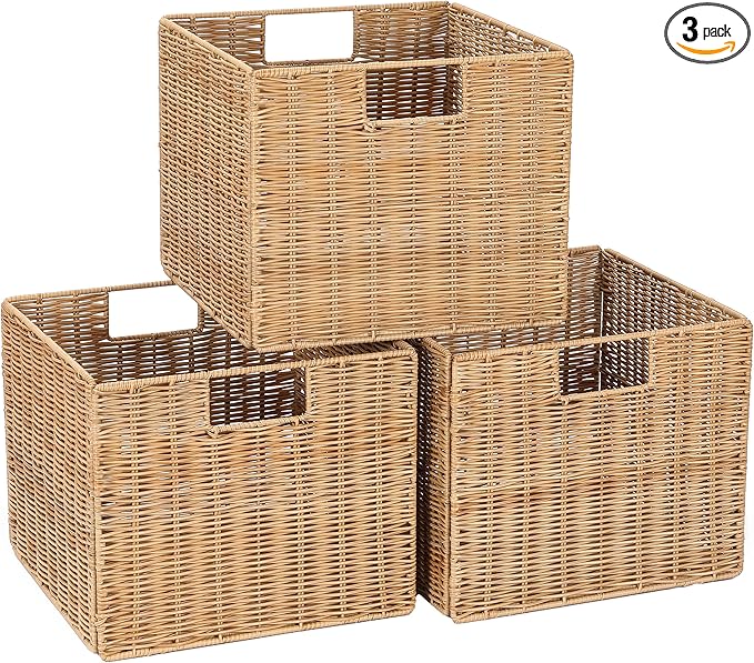 12X12X10in Plastic Wicker Storage Basket, Collapsible Wicker Cube Storage for Shelves, Woven Plastic Storage Basket for Pantry, Bedroom, Living Room, Bathroom, Shelves-3 Pack