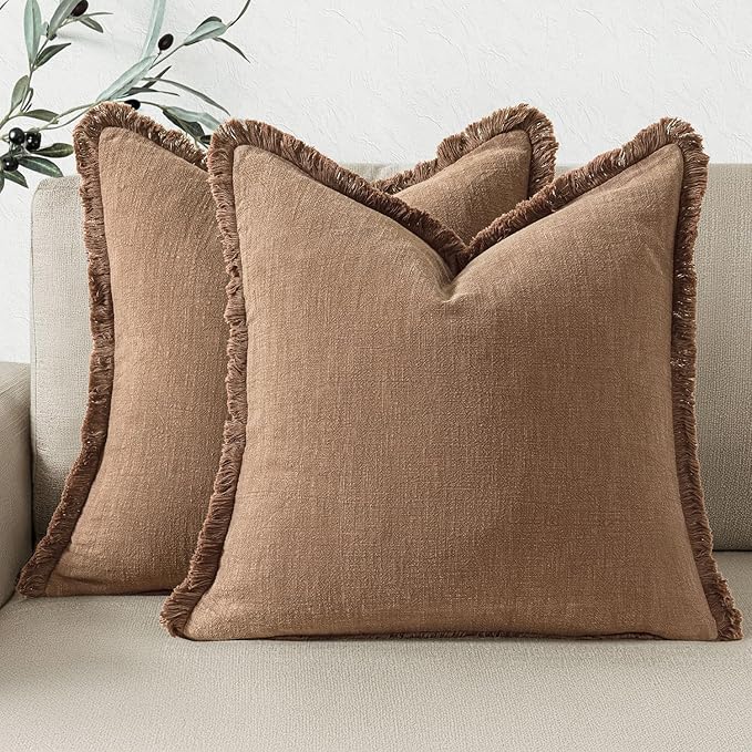 Woaboy Set of 2 Decorative Linen Fringe Throw Pillow Covers Boho Farmhouse Euro Cushion Covers Accent Pillowcases with Tassels for Living Room Couch Sofa Bed Chair,26x26 Inch,Brown