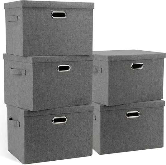 Large 17" 36 Quart Collapsible Stackable Storage Bins with Lids, 5 Packs Gray Foldable Fabric Closet Storage Boxes with Lids, Heavy-duty Linen Cube Baskets (17 x 12 x 11)