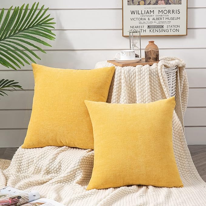 GAWAMAY Decorative Square Throw Pillow Covers 22"x22" Inch Set of 2, Super Soft Chenille Pillows Farmhouse Fall Pillowcase for Living Room Bedroom Sofa Couch Cushion Cover Mustard Yellow 55x55cm