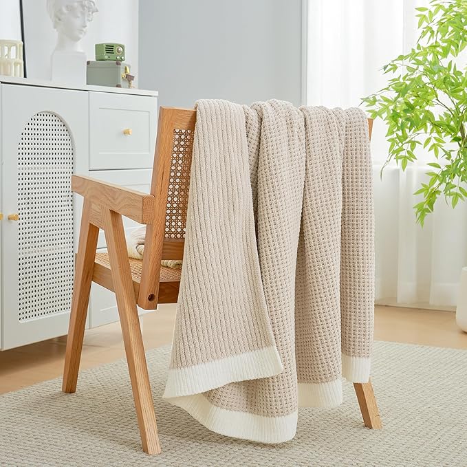 Amélie Home Waffle Blanket Queen Size for Bed, Soft Cozy Chenille Knit Blanket Warm Decorative for Bedroom, 90"x90", Beige