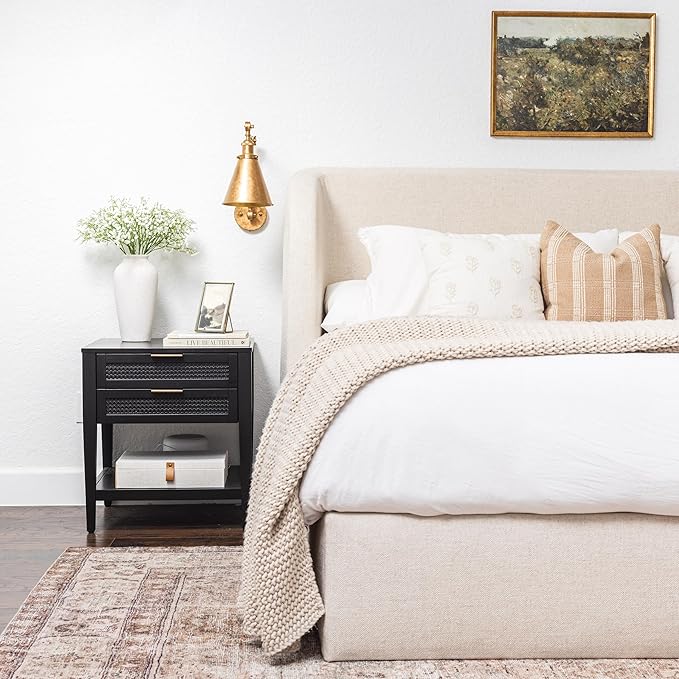 Laurel&Vine 12" Tall White Ceramic Vase, Speckled Textured Minimalist, with 15 Stems of 22" Faux Artificial White Babys Breath, Farmhouse Console Centerpiece Decor, Real Touch Fake Flowers in Vase