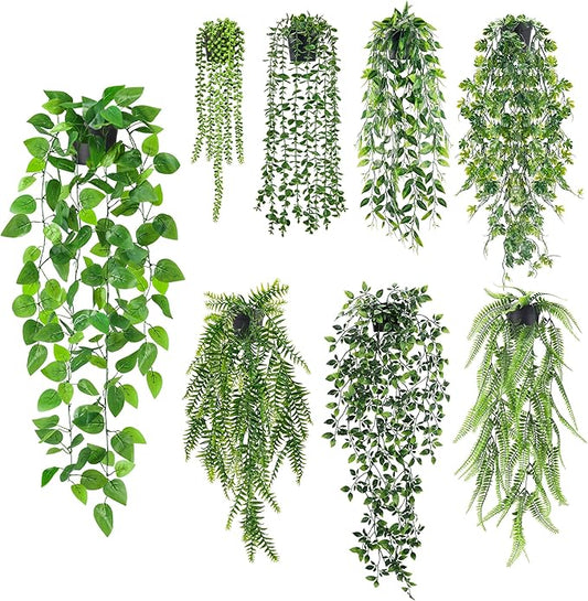 Der Rose 8Pcs Fake Plants Hanging Artificial Ivy Vine Faux Eucalyptus Hanging Plants for Home Boho Wall Shelf Indoor Outdoor Decor (Black Pots)