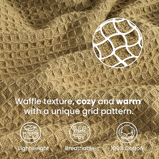 Tex Trend Waffle Blanket – 100% Cotton Blankets Queen Size – Breathable and Soft for Summer Spring – Suitable for Bed Layering, Sofa & Couch - Khaki (90”x90”)