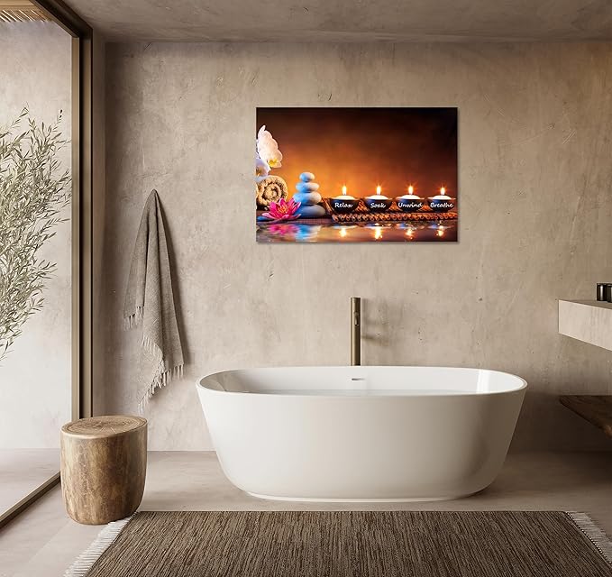 Zen Wall Art Lotus Flower Decor Breathe Canvas Picture Candles Relaxing Peaceful Poster Prints for Zen Spa Room Living Room Bedroom(28.00" x 44.00")