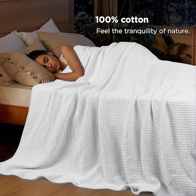 Tex Trend 100% Cotton Blankets – Soft and Breathable Twin XL White Waffle Blanket – All Season Comfort – Suitable for Bed Layering, Sofa, Couch and Chair (60”x90”)
