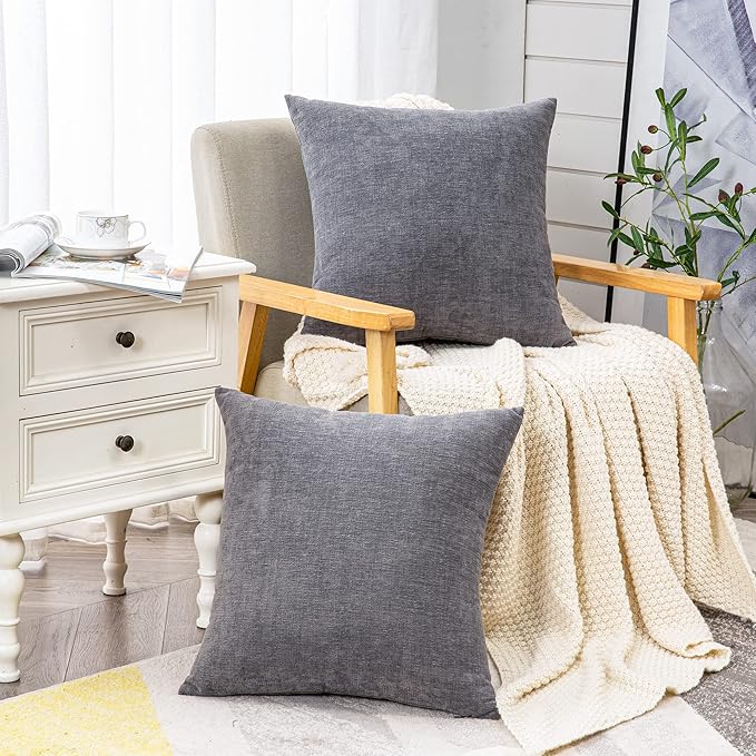 GAWAMAY Decorative Throw Pillow Covers 16x16 Inch Set of 2, Super Soft Chenille Square Pillows Farmhouse Fall Pillowcase for Living Room Bedroom Sofa Couch Cushion Cover Gray 40x40cm (No Insert)