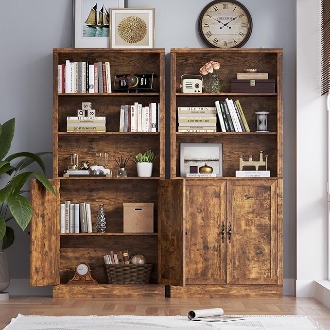 71.4" Tall Bookshelf with Cabinet, 5-Tier Floor Standing Bookcase with Doors &amp; Adjustable Shelves, 31.5" Wide Storage Shelf, Metal Handles, Modern Organizer for Home Office, Living Room