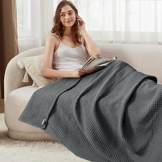 Tex Trend 100% Cotton Blanket – Soft and Breathable Twin XL Gray Waffle Blanket – All Season Comfort – Suitable for Bed Layering, Sofa, Couch - Gray (60”x90”)