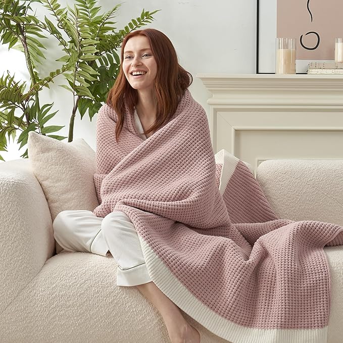Amélie Home Waffle Throw Blanket for Couch, Soft Cozy Chenille Knit Blanket Warm Decorative Throw for Sofa, 50"x60", Pink
