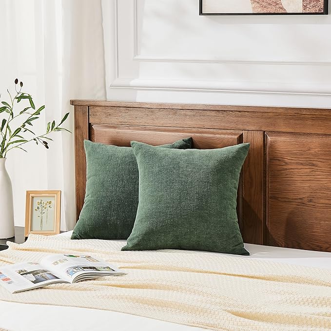 GAWAMAY Decorative Chenille Throw Pillow Covers 24"x24" Inch Pack of 2, Soft Square Couch Pillow Cover for Sofa Cushion Living Room Bedroom Solid Oversized Pillowcases Dark Green 60x60cm (ONLY COVERS)