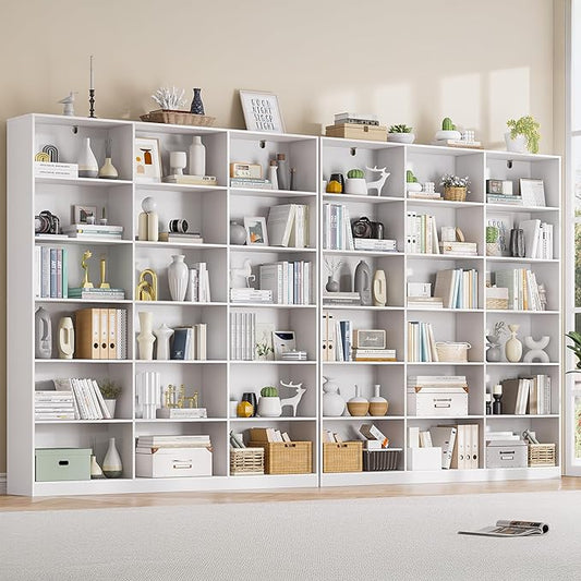 White Bookcase with 18 Display Shelves, Triple Column Book Case, 2PC 6 Tier Large Bookshelf, Freestanding Storage Shelf for Bedroom Living Room Home Office