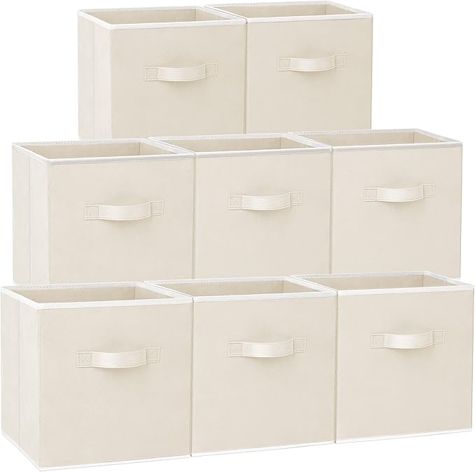 Criusia Storage Cubes - 11 Inch Heavy Duty Fabric Storage Bins for Shelves Closet Cube Organizer - 8 Pack Collapsible Cube Storage Bins Baskets for Clothes Blankets Toys - Nursery Organization (Beige)