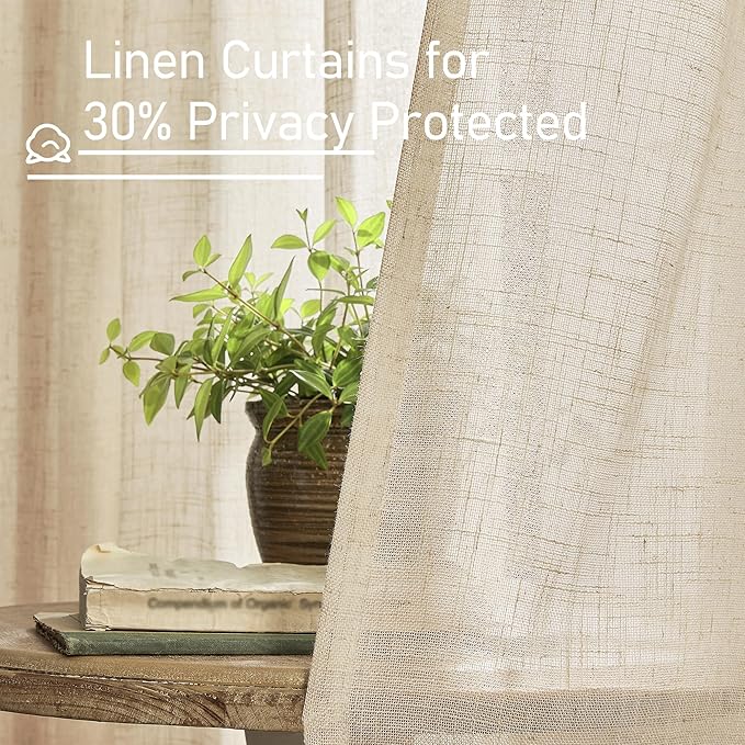 LAMIT Natural Linen Blended Curtains for Living Room, Back Tab and Rod Pocket Semi Sheer Curtains Light Filtering Country Rustic Drapes for Bedroom/Farmhouse, 2 Panels,52 x 120 Inch, Linen