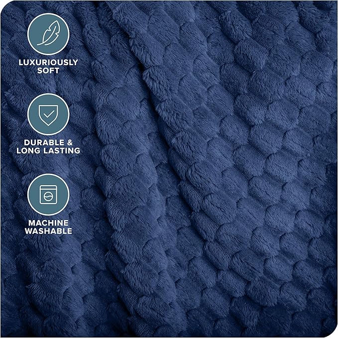 Bare Home Textured Fleece Blanket - Full/Queen - Ultra-Soft Lightweight for Bed, Sofa, and Couch - Luxury Microplush - Cozy Warm Blanket (Full/Queen, Waffle Dark Blue)