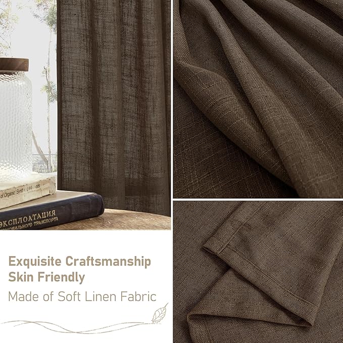 LAMIT Semi Sheer Linen Curtains 45 Inches Long, Light Filtering Panels Back Tab and Rod Pocket Neutral Drapes for Kitchen/Window/Bedroom, Dark Brown, 2 Panels, 52 x 45 Inch